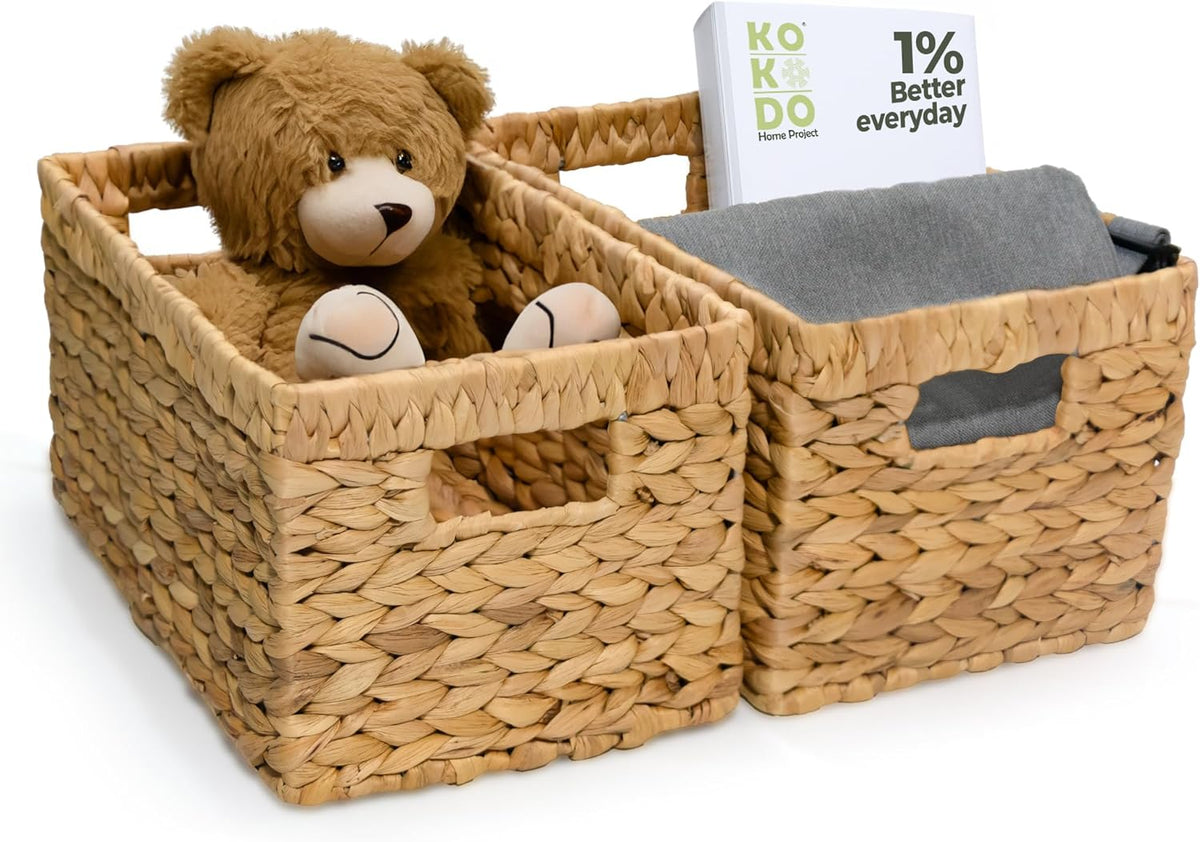 KOKODO Pack of 2 Medium Rectangular Water Hyacinth Wicker Storage Baskets with Handles and Metal Frame, Stylish and Durable Handwoven Bin for Space-saving Room Organizing or Decorative Wicker Basket