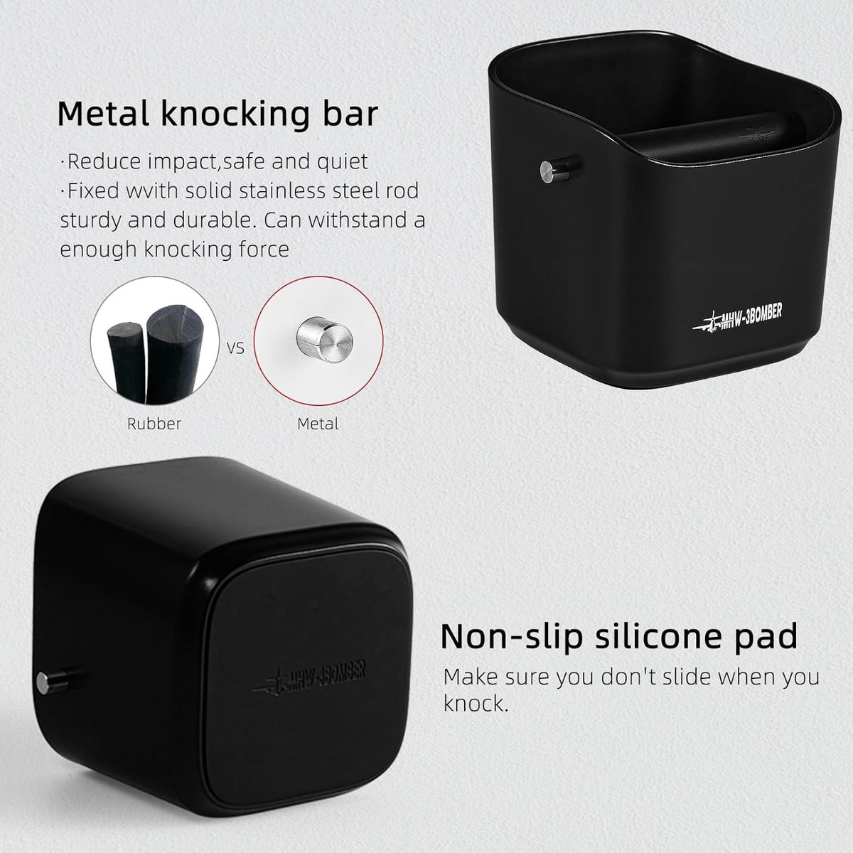 MHW-3BOMBER Espresso Knock Box, 1.2L(15 Cups) Coffee Knock Box with Removable Knock Bar and Anti-slip Pads for Espresso Puck, Coffee Ground, Durable Espresso Accessories, Black GB5967B-OS