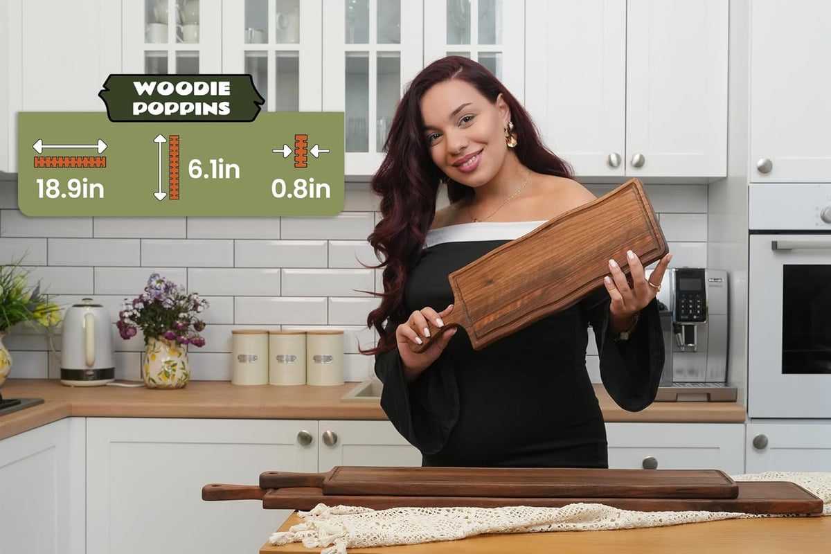 Elegant American Black Walnut Wood Long Serving Board with Handle - Charcuterie Wooden Board - Stylish Versatility for Culinary Delights - Reversible with Juice Groove - 19x6x0.8 in - Woodie Poppins