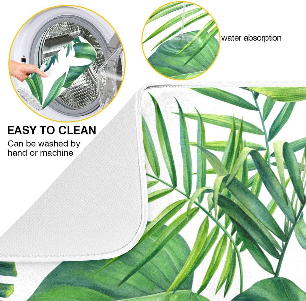 Tropical Palm Leaves Dish Drying Mat for Kitchen Counter Green Monstera Leaf Absorbent Microfiber Drying Pad, Medium 16x18 in, Reversible Drainer Mats