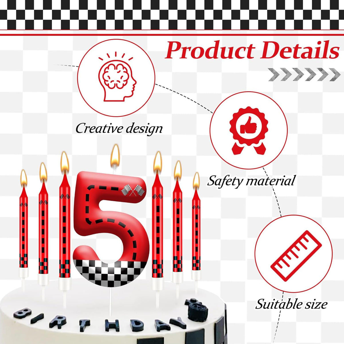 13PCS Racing Car Theme Birthday Candle Set with Checkered Flag Design - Durable Cake Topper for Race Car Party Decorations, Kids Birthday Supplies - Number 5 Candle for Racing-Themed Celebrations