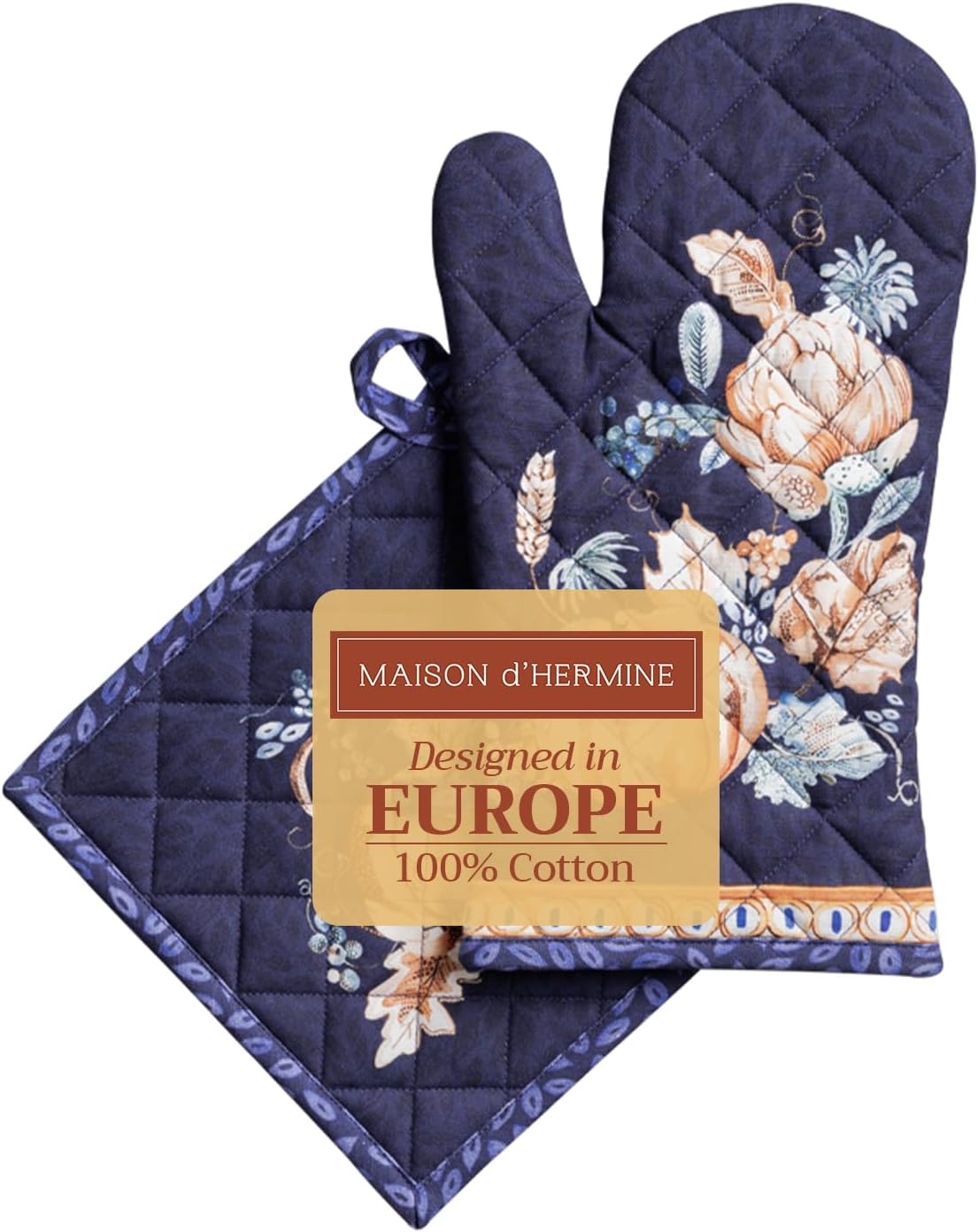 Maison d' Hermine 100% Cotton Oven Mitt & Pot Holder Set (7.5"x13" & 8"x8") Heat Resistant BBQ Cooking Gloves with Loop, Baking, Grilling, Kitchen, Handling Hot Pans (Pumpkin Blues)