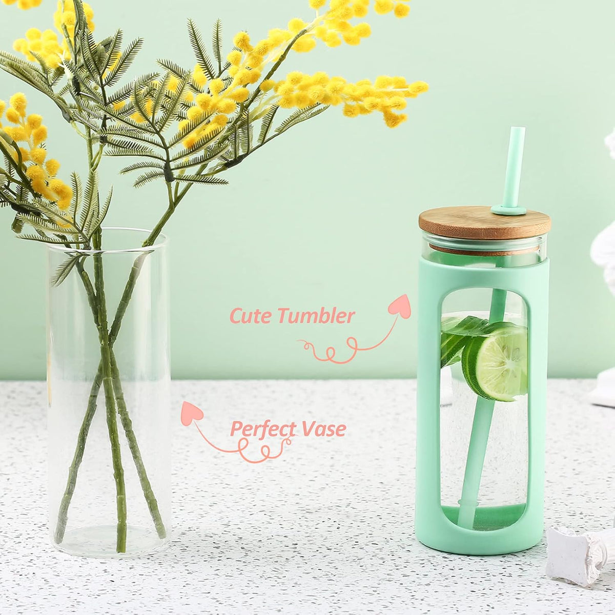 Kodrine 20oz Glass Water Tumbler with Straw and Lid, Bamboo Lids Water Bottle, Iced Coffee Cup Reusable, Wide Mouth Smoothie Cups with Protective Silicone Sleeve BPA FREE-White
