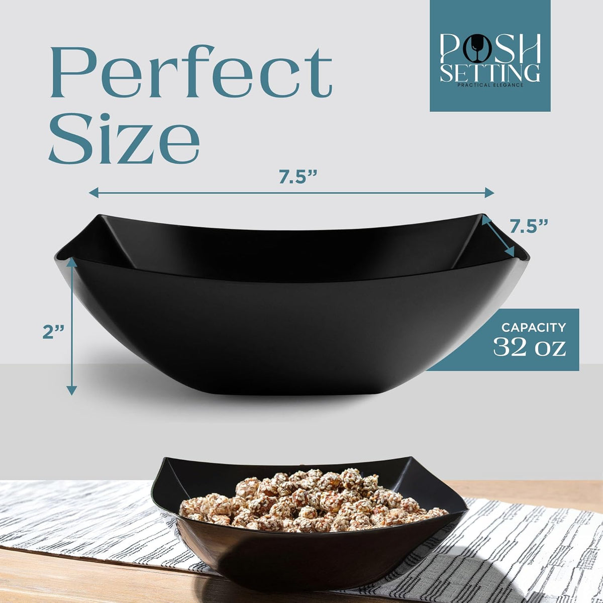 Posh Setting - Black Plastic Serving Bowls (32oz - 4 Pack) Square, Disposable, Salad & Fruit Bowls for Party Table, Candy Containers for Candy Buffet