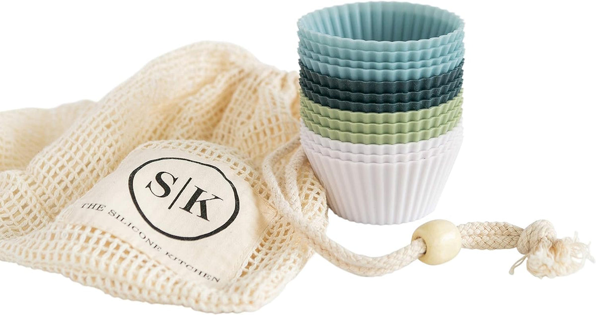 The Silicone Kitchen Reusable Silicone Baking Cup Silicone Muffin Liners for Cupcakes, BPA Free, Regular, 24 Pack, White Blue Green