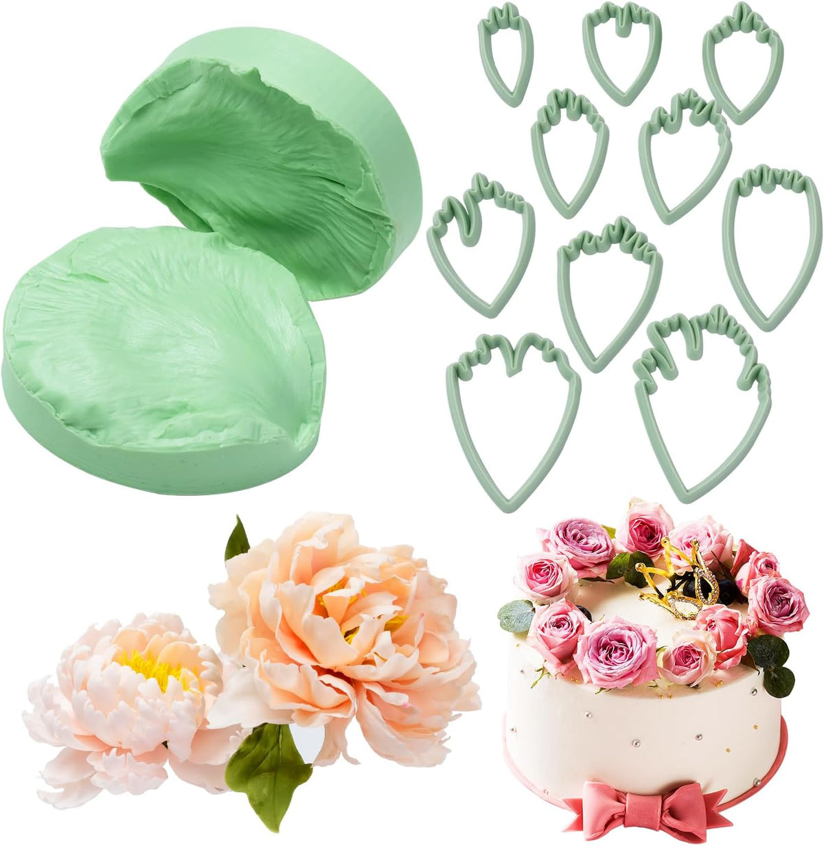KALAIEN Flower Silicone Mold, 10 Pcs Gumpaste Cutters, 2 Pcs Peony Petal Fondant Veining Molds for Sugarcraft Flower Decorating Mold