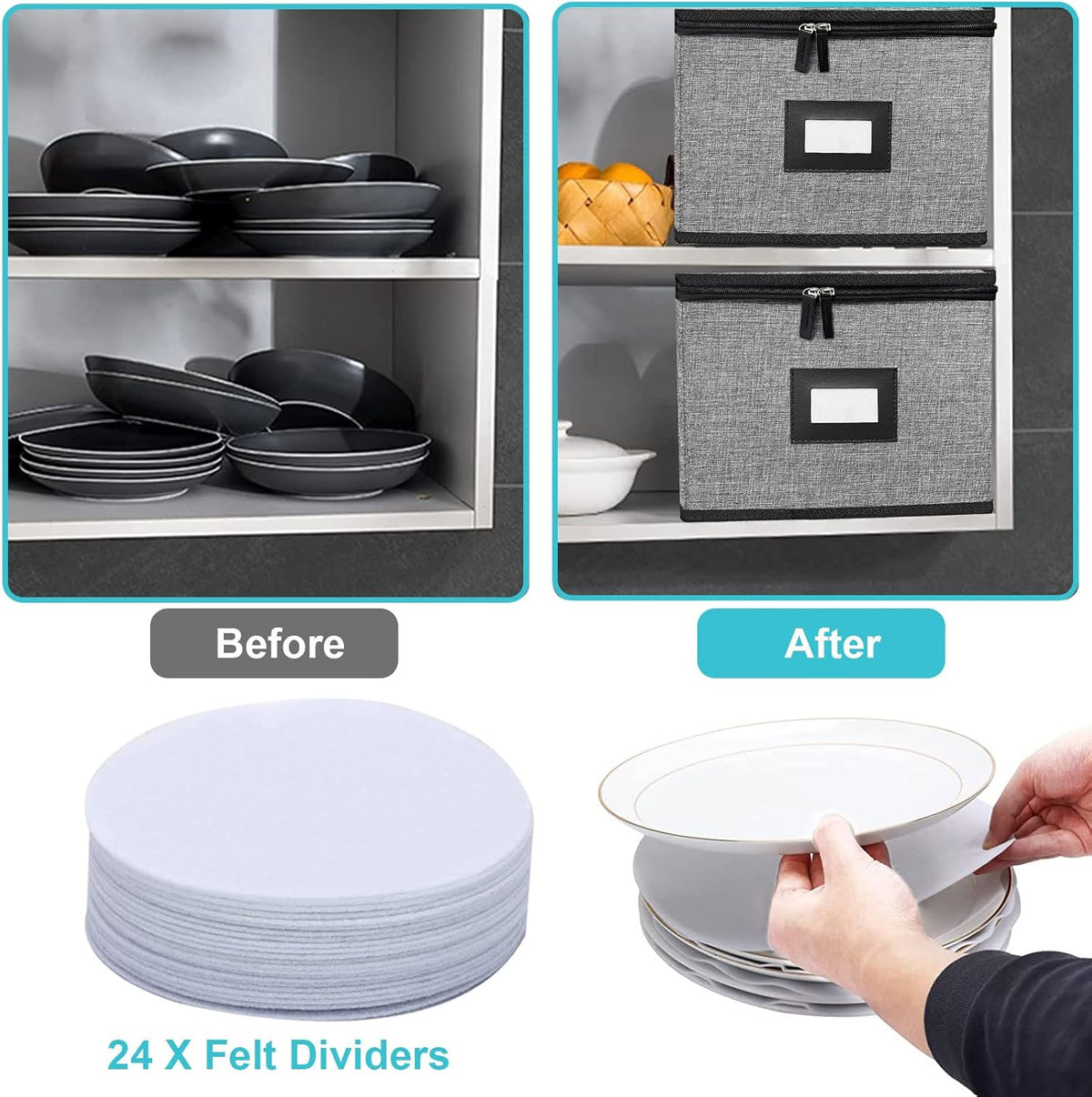 China Storage Containers-Quilted Dish Storage Containers with Lid Hard Shell for Moving Transport, Dinnerware Storage,Stackable Plate Storage,24 Felt Plate Dividers Included,2PACK 12*12*8in(Dark Grey)