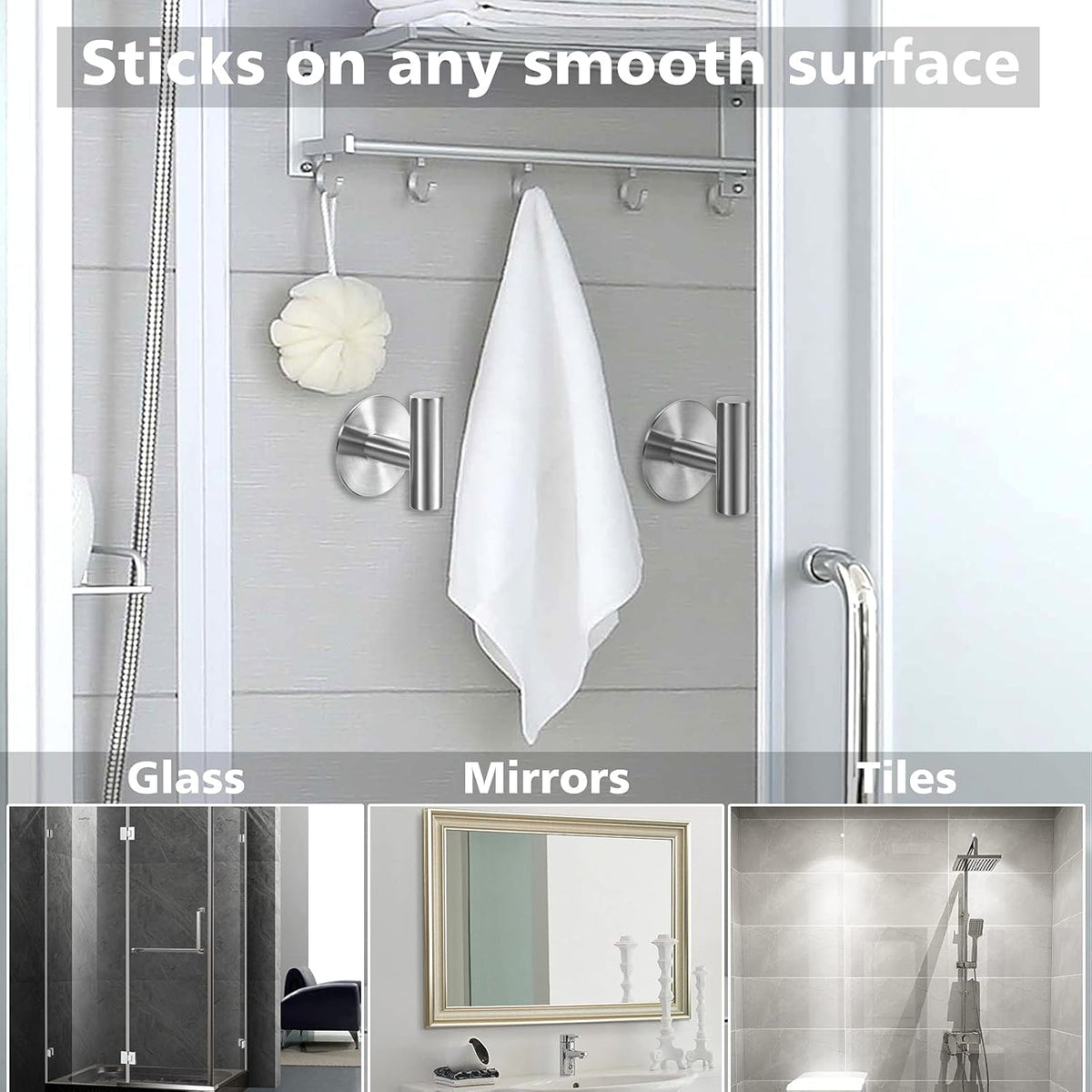 Adhesive Towel Hooks Heavy Duty Wall Hooks Stainless Steel Waterproof Shower Towel Hooks, Coat Hook for Hanging Clothes, Adhesive Hook for Bathroom, Glass Window, Kitchen- 2 Pack, Silver