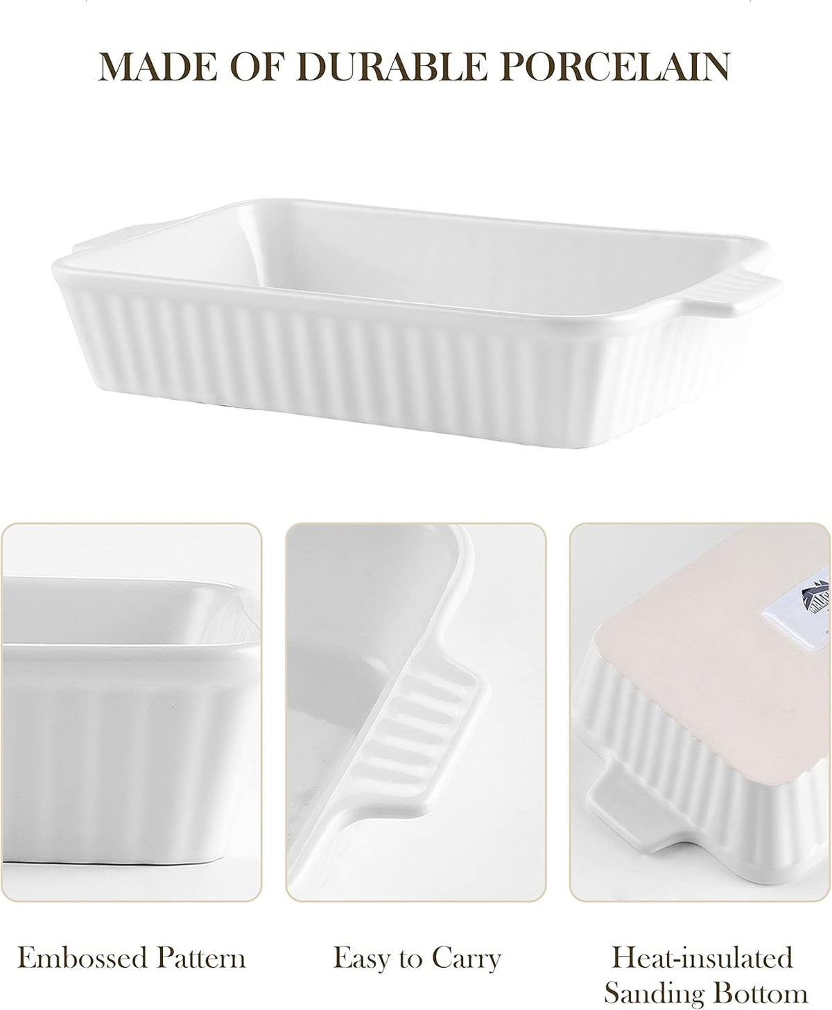MALACASA Casserole Dishes for Oven, Porcelain Baking Dishes, Ceramic Bakeware Sets of 4, Rectangular Lasagna Pans Deep with Handles for Baking Cake Kitchen, White (9.4"/11.1"/12.2"/14.7"), Series