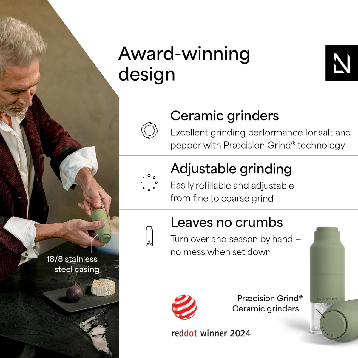 LARS NYSØM Salt and Pepper Grinder Set, Stainless Steel Manual Salt and Pepper Mills, Adjustable Ceramic Grinder, Design Spice Shakers (Sage Green)