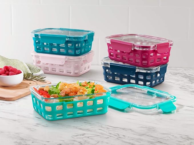 Ello Duraglass 3.4 Cup Meal Prep Sets 10Pc, 5 Pack Set- Glass Food Storage Container with Silicone Sleeve and Airtight BPA-Free Plastic Lids, Dishwasher, Microwave, and Freezer Safe, Evening Orchard