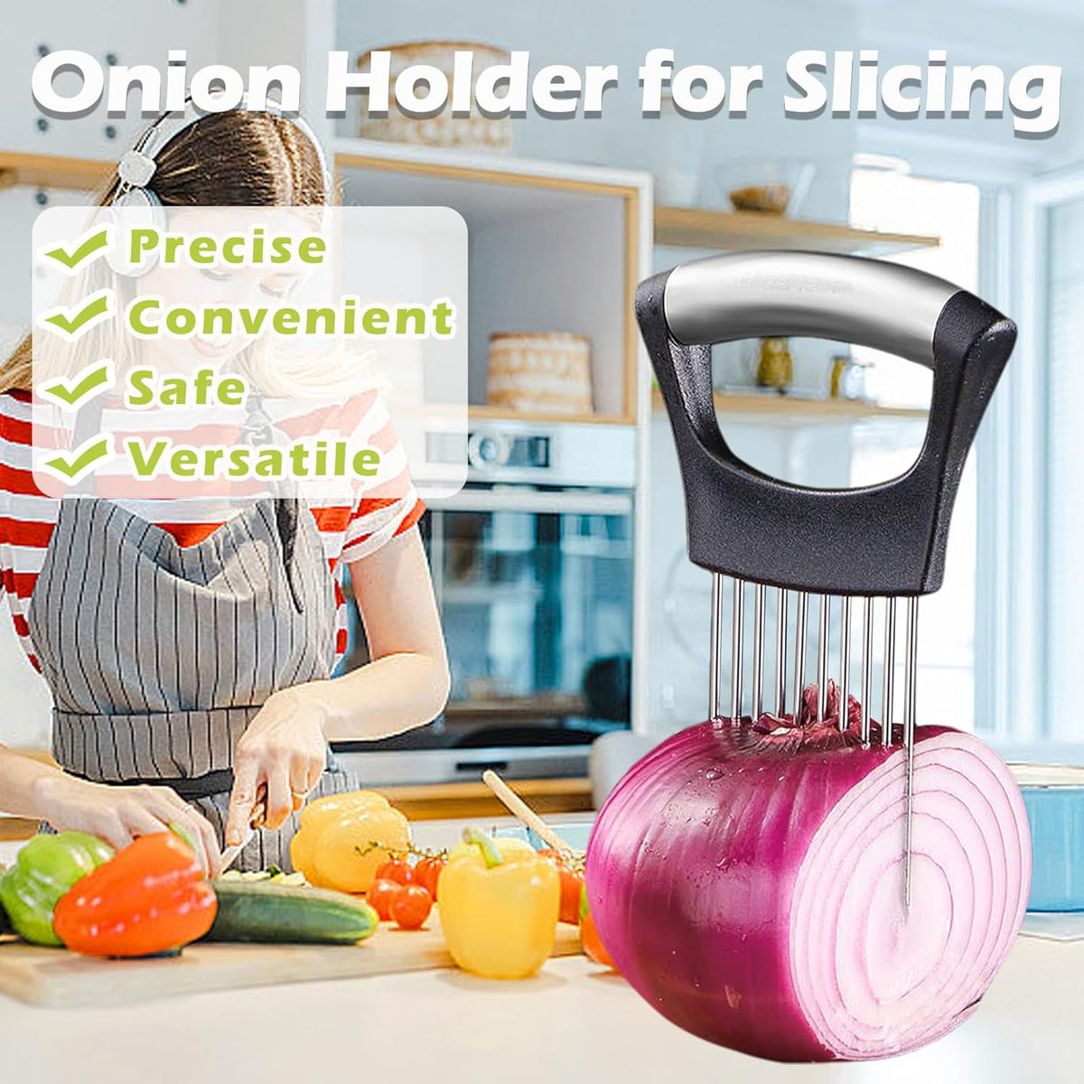 Onion Holder & Cutter, Stainless Steel Food Slicer Assistant Tool, Slice Guide for Vegetables