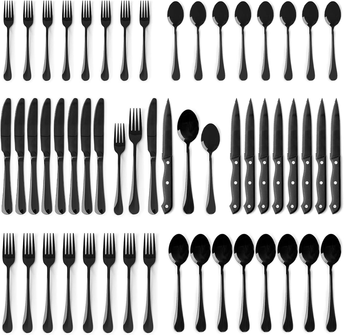 Astercook Silverware Set 48-Piece Black Flatware Set with Steak Knives Food-Grade Stainless Steel Cutlery Set for 8 Mirror Polished Utensils Set Include Spoons and Forks for Home Kitchen Restaurant