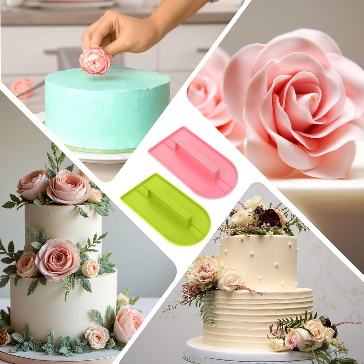2 PCS Fondant Smoothing Tool, Cake Decoration Icing Smoother, Plastic Fondant Icing Smoother Polisher, Icings Scraper Paddle Tool for Cake Decoration Tools (Pink, Green)