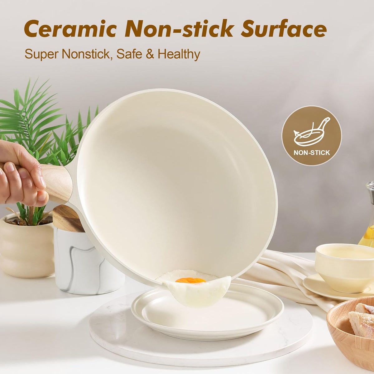 SENSARTE Ceramic Nonstick Frying Pan Skillet 9.5Inch Non Stick Omelette Pans, Non-toxic Healthy Kitchen Cooking Chef's Pan, Free of Intentionally Added PFOA/PFAS/PTFE, Induction Compatible, White