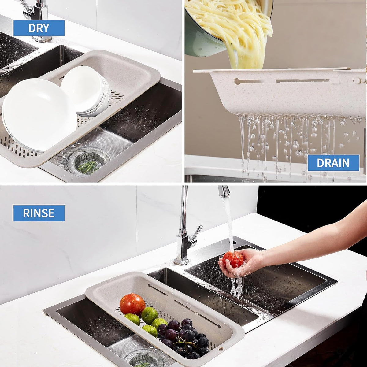LASSHSWA Collapsible Colander and Strainer for Kitchen, Over the Sink Strainer Basket for Kitchen, Fruit Pasta Food Strainer Expandable Plastic Colander with A Sink Drain Strainer Stainless Steel
