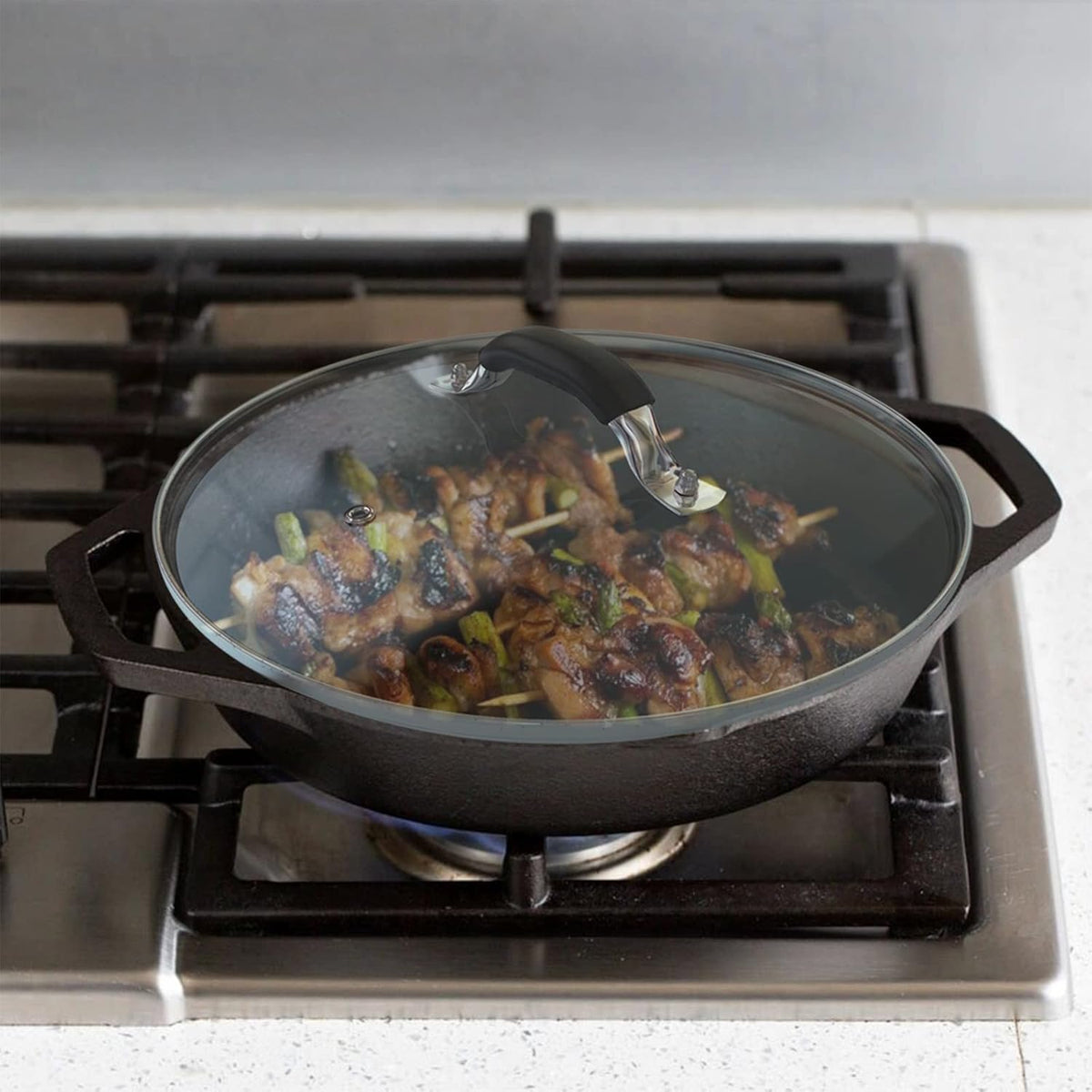 12 Inch Tempered Glass Pot Lid Compatible with 12” Lodge Cast Iron Skillets and 7 Quart Dutch Ovens - Designed with Steam Vent Hole and Heat Resistant Handle