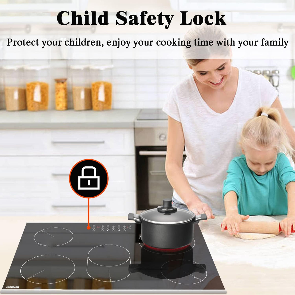Karinear 30 Inch Electric Cooktop 30 Inch 5 Burners Electric Stove Ceramic Cooktop, Drop-in Electric Radiant Cooktop with Front and Back Metal Frame, Lock, Timer, 8400W, 220-240V, Hard Wire, No Plug