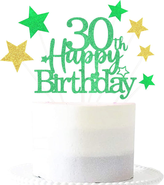 Glittery 30th Happy Birthday Cake Topper with Star,Personalised 30 Birthday Cake Toppers Party Decorations Party Supplies for Boys Girls Green Gold