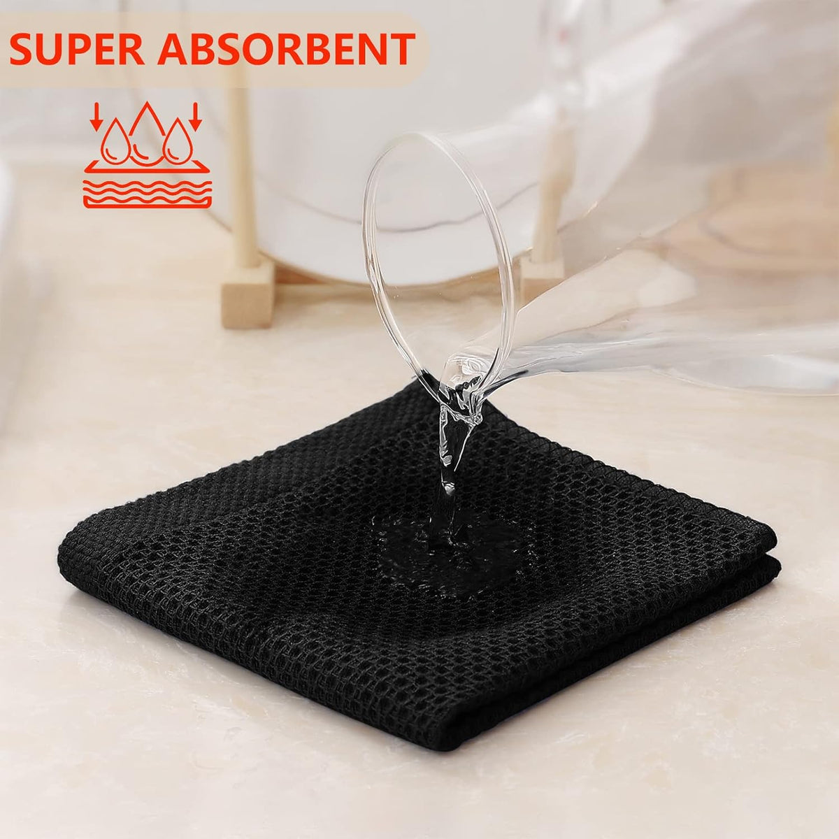 Kitinjoy 100% Cotton Kitchen Dish Cloths, 6 Pack Waffle Weave Dish Towels Ultra Soft Absorbent Quick Drying Dish Rags, 12 X 12 Inches, Black