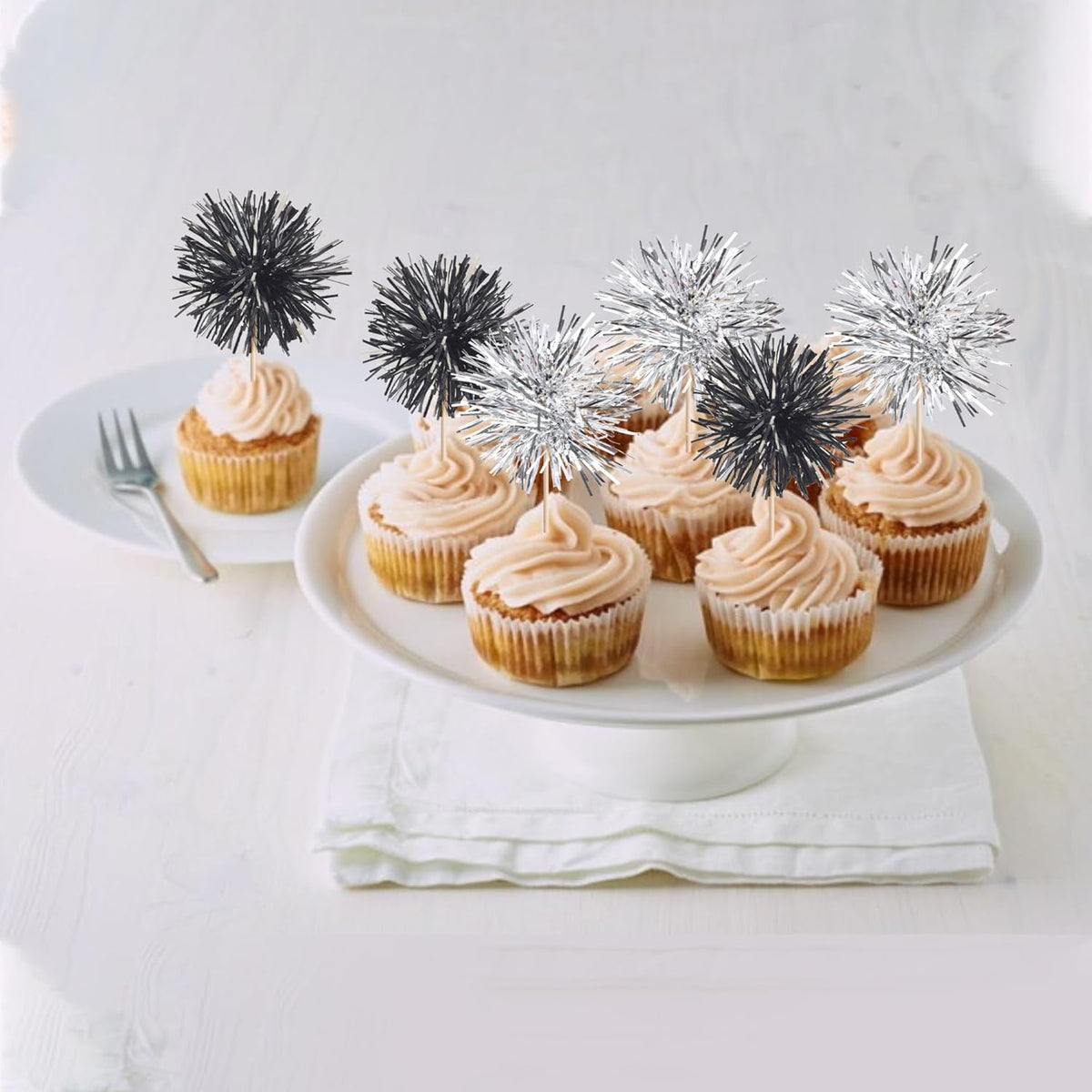 40 PCS Foil Firework Cupcake Toppers Sparkle Tinsel Cupcakae Picks Foil Firework Party Decorations Cocktail Fruit Toothpick for Fireworks Theme Birthday Wedding Graduation Party Decor Black Silver