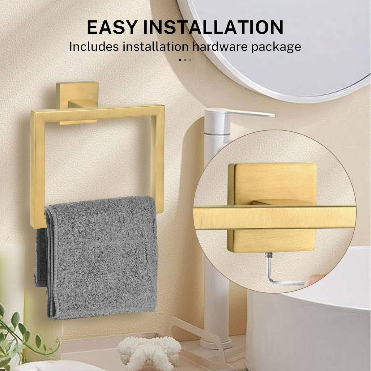 Brushed Gold Towel Ring,Square Hand Towel Holder,Towel Hanger, Bathroom Hardware Accessories,SUS 304 Stainless Steel Wall-Mounted