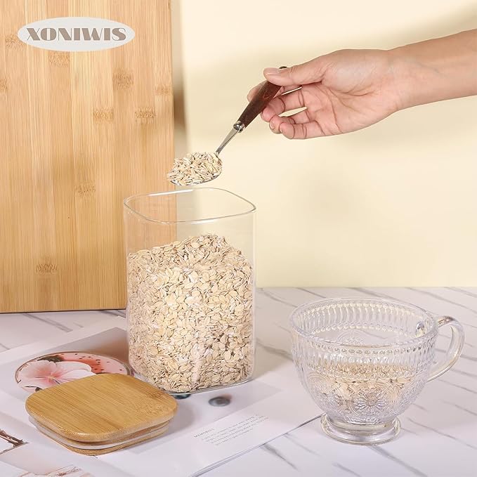 37oz 4PCS Glass Storage Containers with Lids, Glass Jars with Lids Pantry Food Storage Jars, Square Canister For Cookie, Nuts, Snack, Cereal, Candy, LeafTea, Coffee, Spice