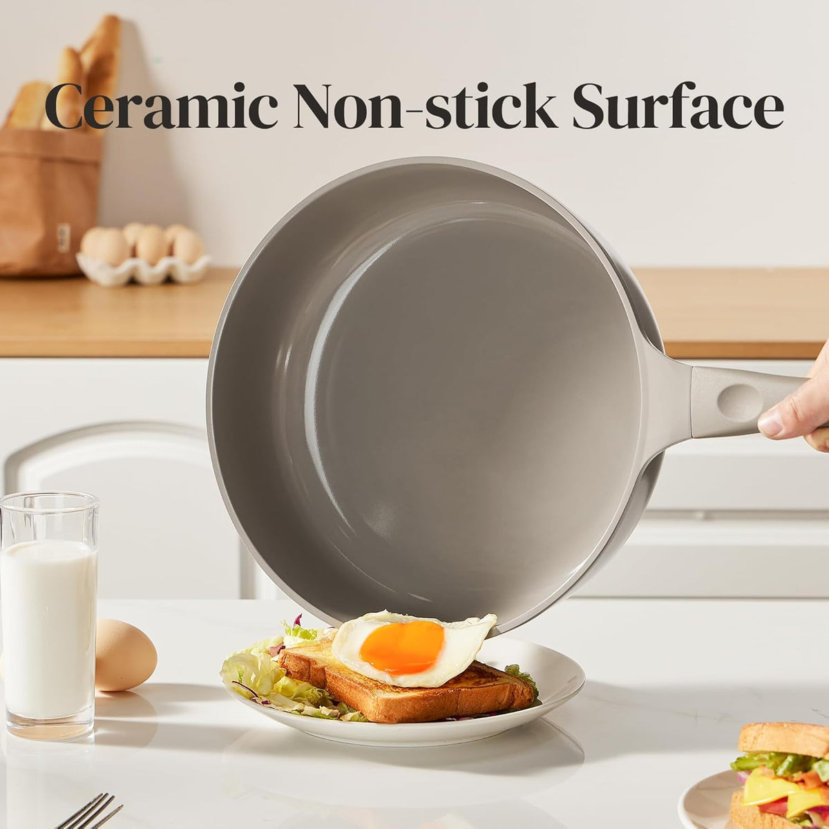 Redchef Deep Ceramic Frying Pan with Lid, Nonstick Saute Pan Cookware All Cooktop Compatibility, Stay-Cool Handles, PFOA Free, Healthy Coating, Tempered Glass Cover, Even Heat, Grey (3.7Qt, 10")