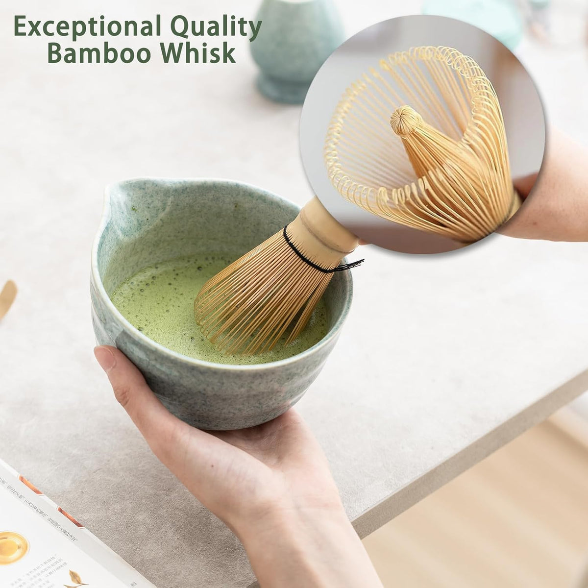 Matcha Set, Matcha Whisk Set Includes Matcha Bowl, Matcha Whisk Holder, Bamboo Matcha Whisk, Scoop and Matcha Sifter, 17 oz Mottled Blue Glaze Ceramic Matcha Kit for Tea Lovers