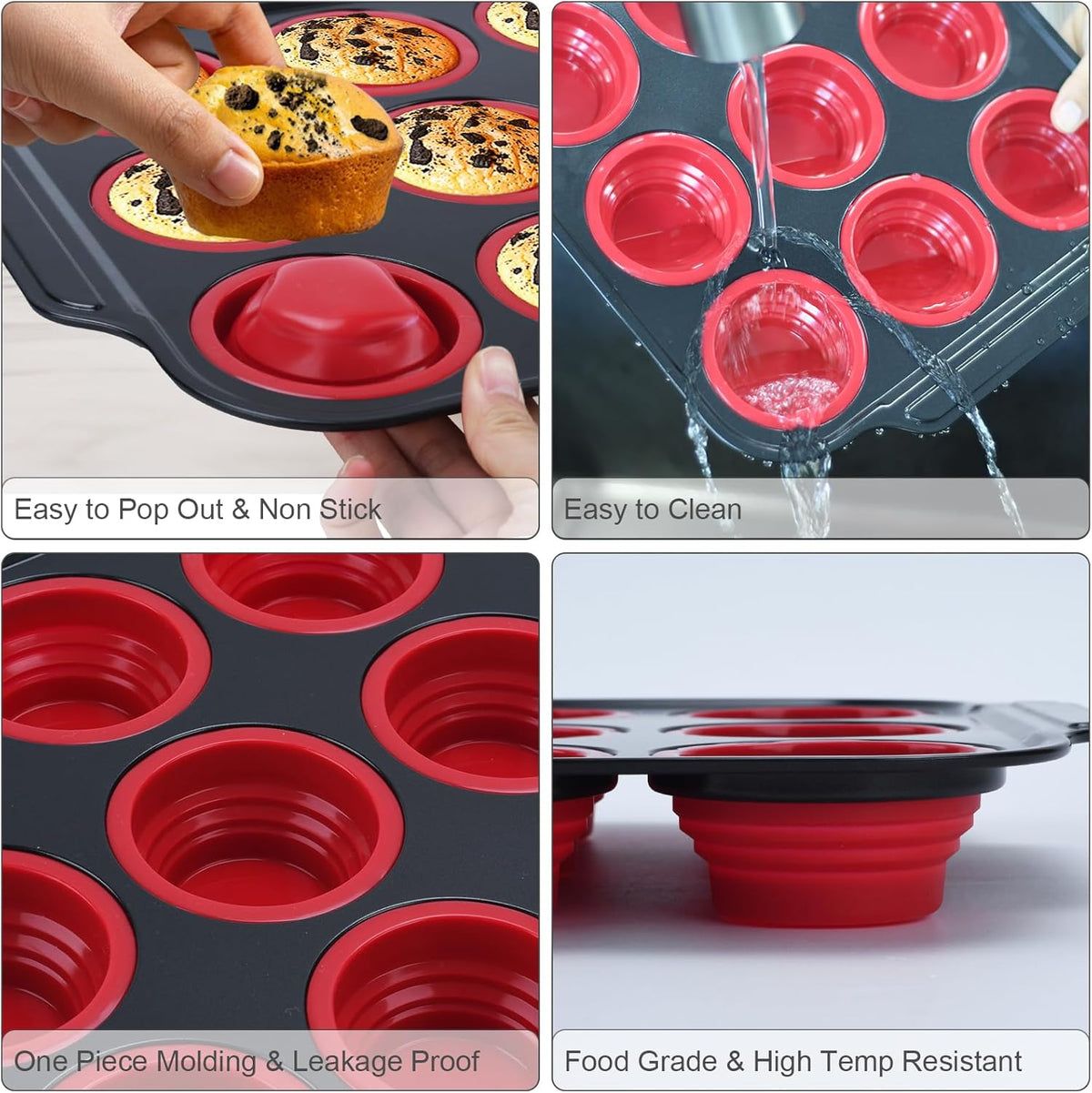 Silicone Muffin Pan, 12 Cups Cupcake Pans with Metal Frame Nonstick Muffin Tins Easy to Pop Out for Baking Cupcake Egg Bites BPA-free Cupcake Pan Mold (12 Cups-Red)