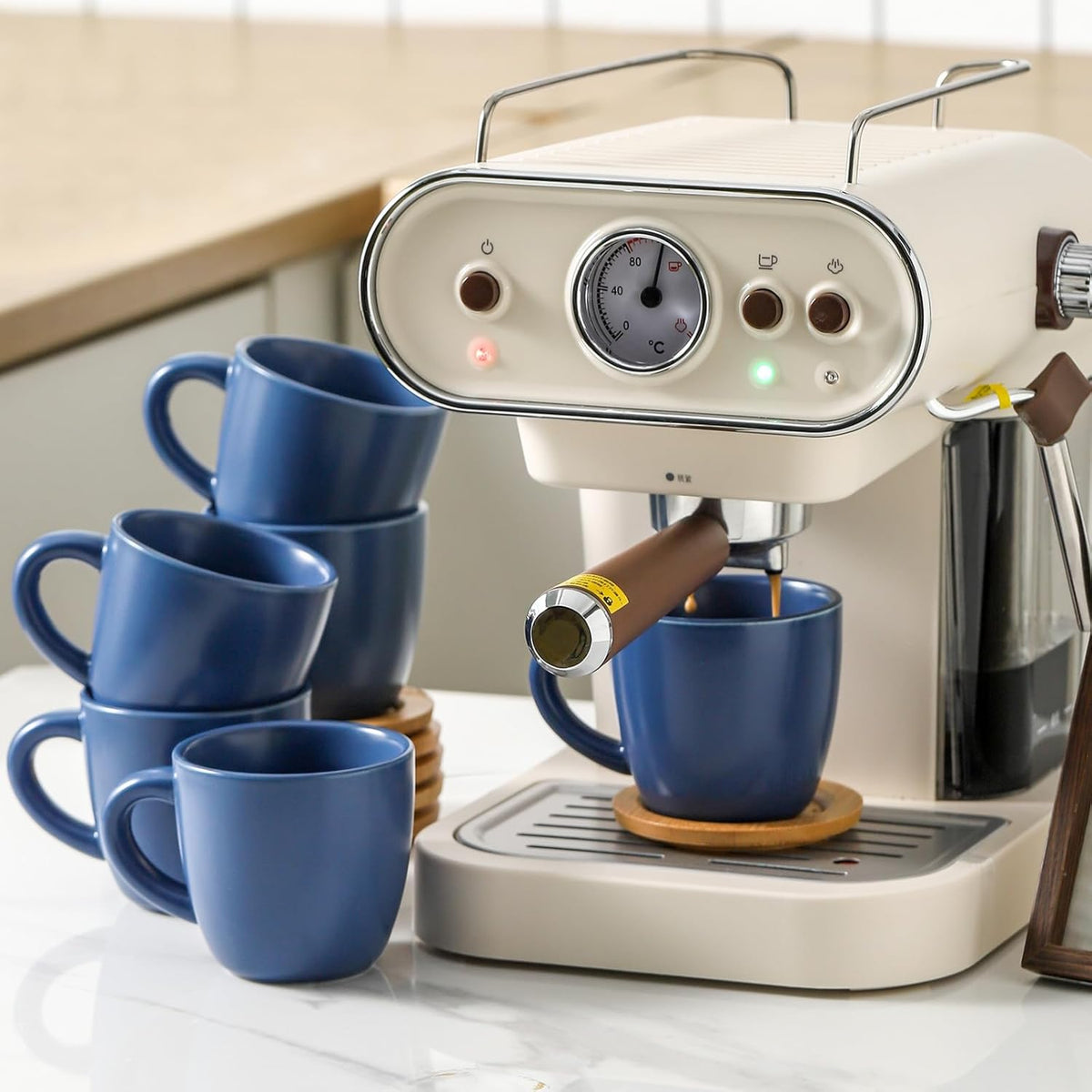 Hasense 8 oz Tea Cups and Saucers Set of 6, Ceramic Coffee Cups Latte Cappuccino Cups with Handle for Double Shot, Cafe Mocha, Espresso, Porcelain Coffee Cups for Party Home and Kitchen, Blue