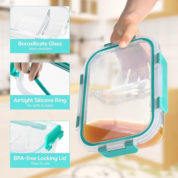 BAYZZ 5 Pack 35 Oz Glass Meal Prep Containers 2 Compartments, Glass Storage Containers with Lids, Airtight Lunch Bento Boxes, BPA-Free, Microwave and Freezer Safe,Green