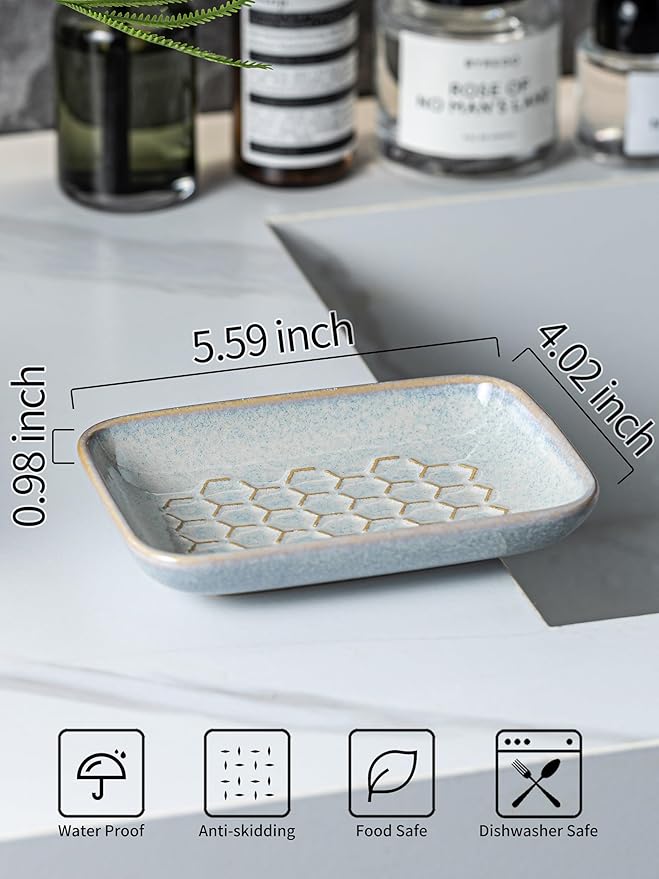 Gomakren Soap Dish for Shower, Bar Soap Holder, Ceramic Soap Dishes for Bar Soap, Sponge Holder Soap Saver Soap Tray for Bathroom Kitchen Sink, 5.5 Inch, Gray