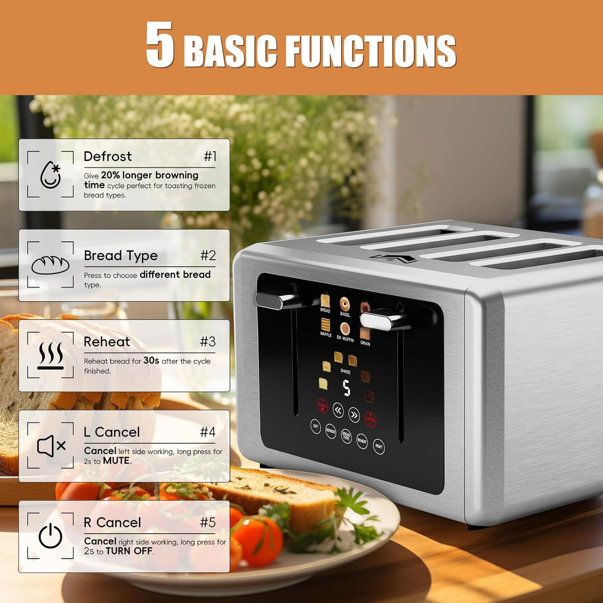 4 Slice Toaster, Touchscreen & Dual Independent Control Panel，5 Basic Functions & Digital Countdown Toasters, 6 Shade Settings＆6 Bread Types, Smart Bread Maker Mute/Screen-Off,Platinum