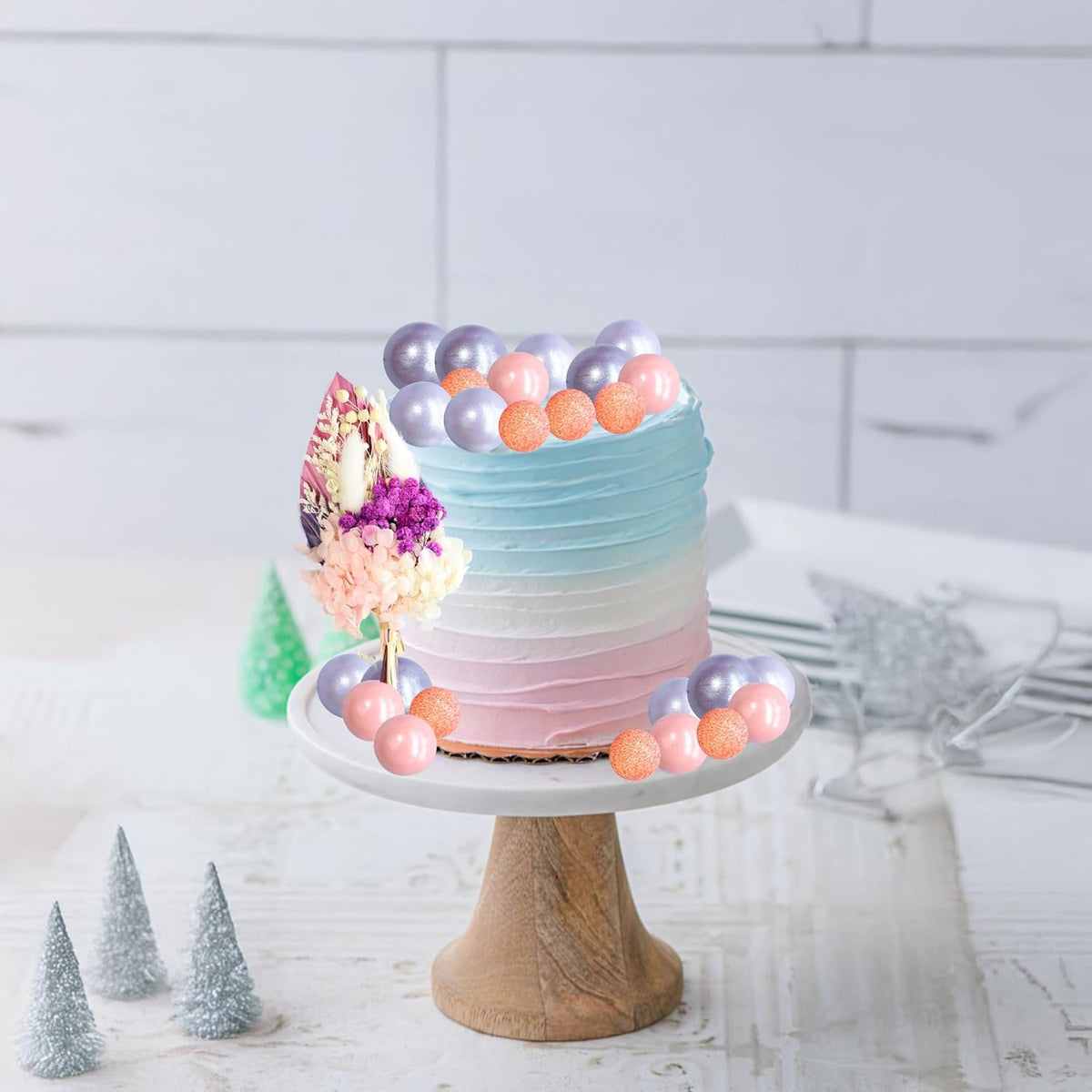 Gyufise 21 Pack Flower Boho Cake Topper Ball Cake Decorations Palm Leaves Plants Cake Decor for Girl Bohemian Princess Theme Wedding Baby Shower Birthday Party Supplies Pink Purple