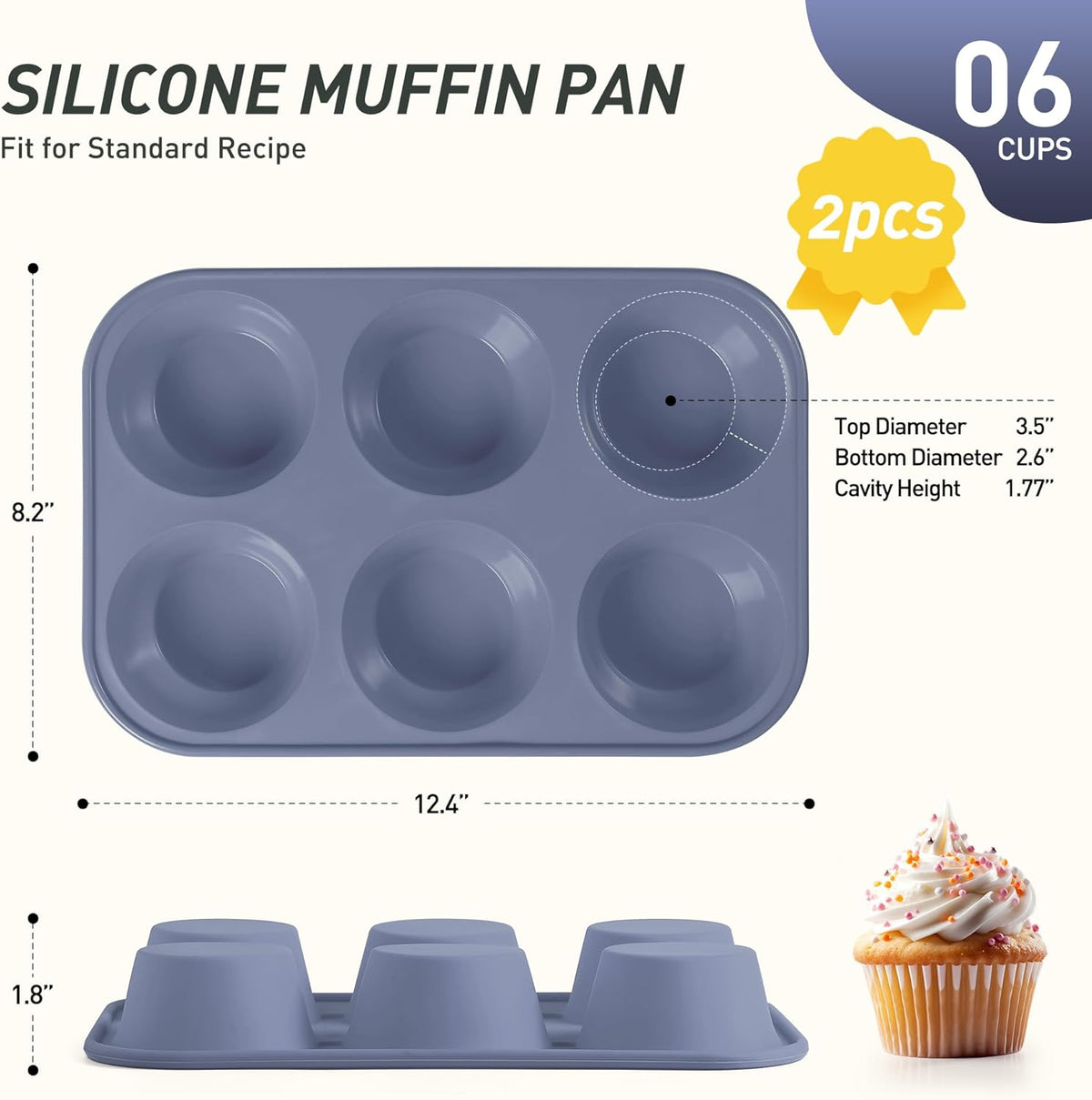 2 Pack 6 Cups Silicone Jumbo Muffin Pan with Metal Reinforced Frame Silicone Molds for Baking Cupcake Cake Baking Pans Muffin Tin Tart Pans Baking Set for Easter Christmas holiday Cookie Tin