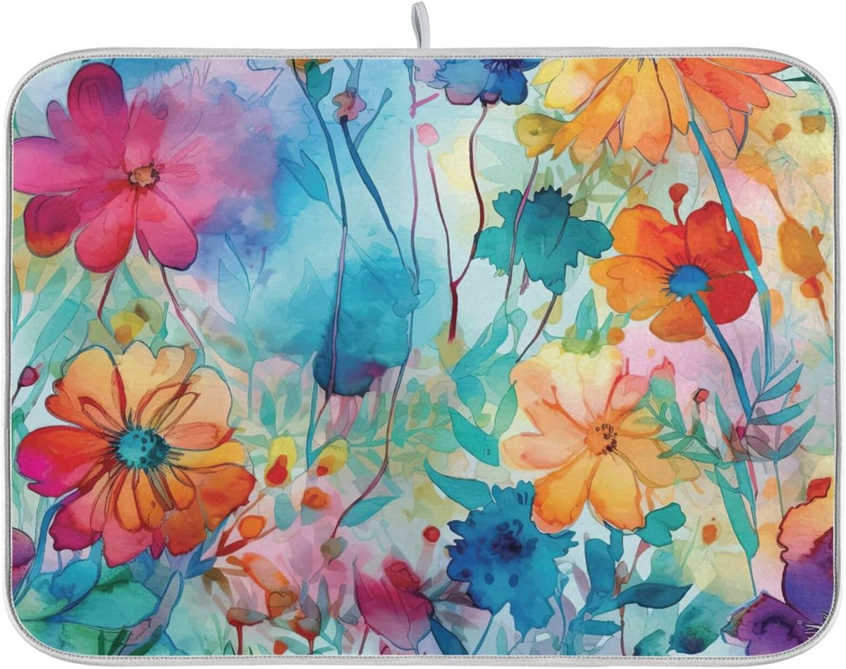 Colorful Beautiful Flowers Dish Drying Mat for Kitchen Counter Absorbent Microfiber Drying Pad, Large 18x24 in, Reversible Drainer Mats