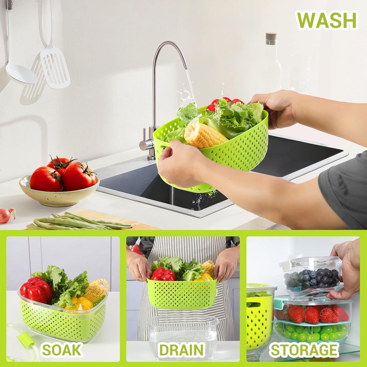 LUXEAR Fresh Produce Vegetable Fruit Storage Containers 3Piece Set, BPA-free Fridge Storage Container, Partitioned Salad Container, Fridge Organizers, Used in Storing Fruits Vegetables, Green