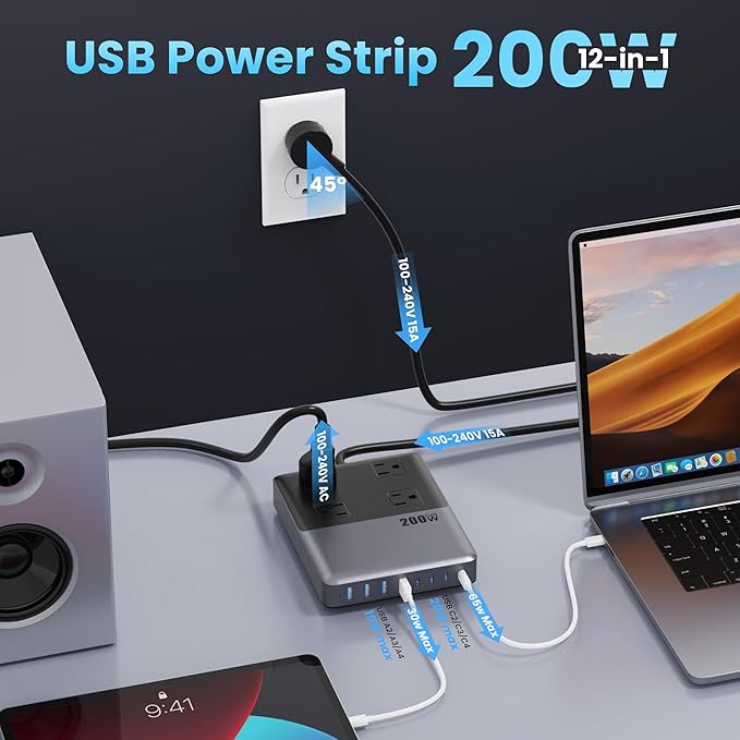 12-in-1 Charging Station USB-C Power Strip with 5ft Cord and Plug, 200W GaN IV Charger Block, 4 AC Outlets, 4 USB A&C for MacBook,iPhone 16/15/14, Desktop Charger for Office, Home
