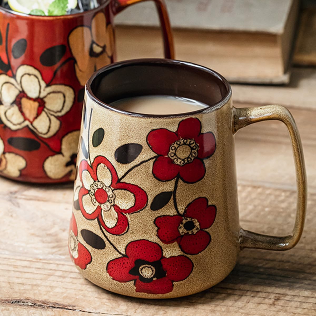 Large 24 oz Ceramic Coffee Mug with Handle, Vintage Floral Coffee Cup, Extra Big Tea Cup for Office and Home, Dishwasher and Microwave Safe, Khaki with Red Flower
