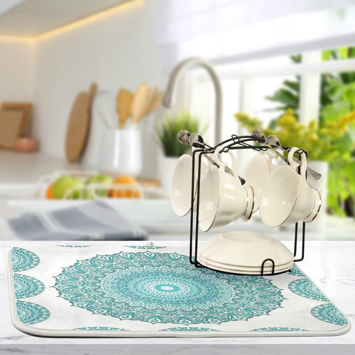 Super Absorbent Dish Drying Mat, Microfiber Fast-Drying Dish Mat, 24" x 18", Kitchen Dish Drying Pad, Boho Ethnic Turquoise Mandala