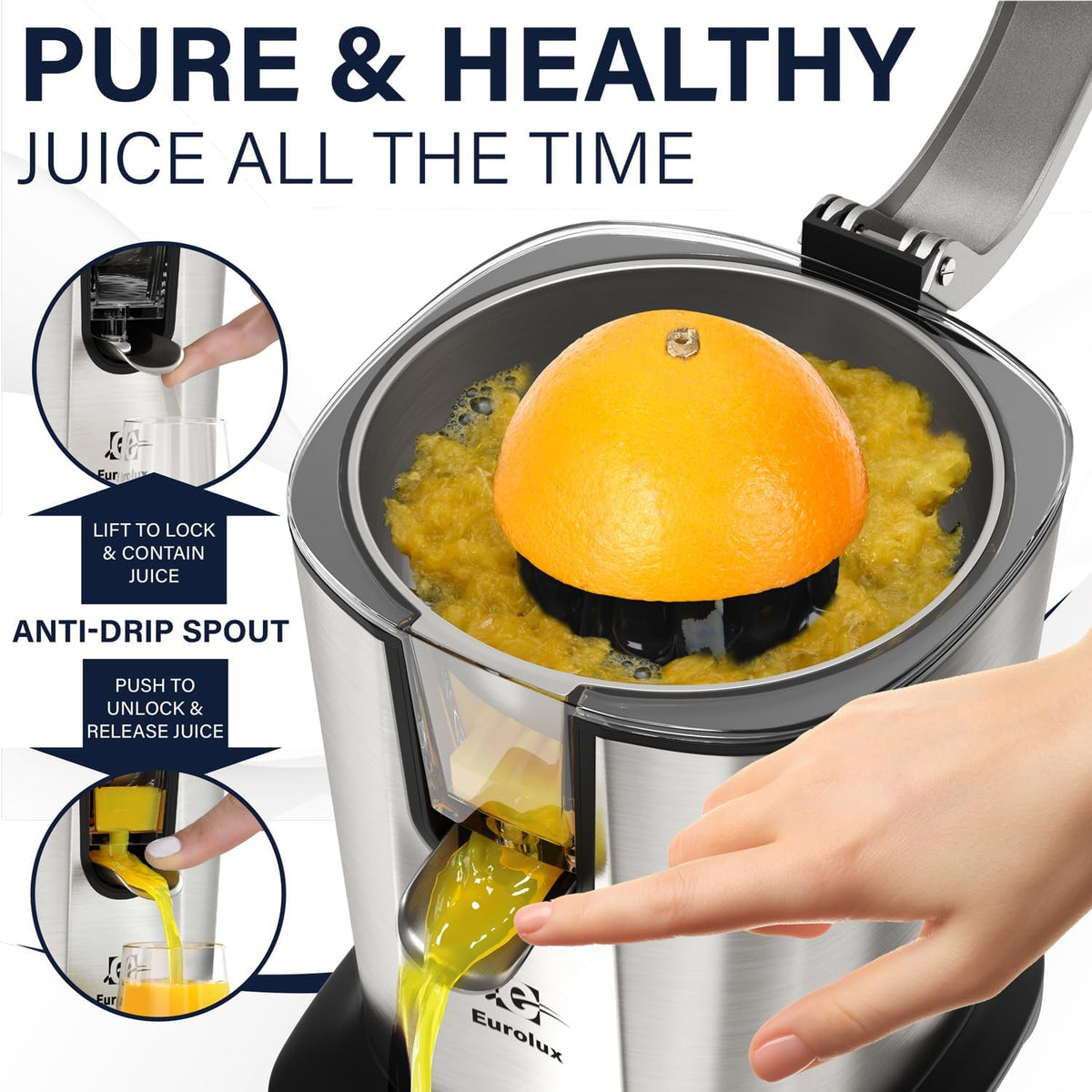 Eurolux Electric Citrus Juicer Power Pro - With 300 Watts of Power, This is The Most Powerful Juicer, for an Easy Smooth Juicing Experience | with Its New Updated Design