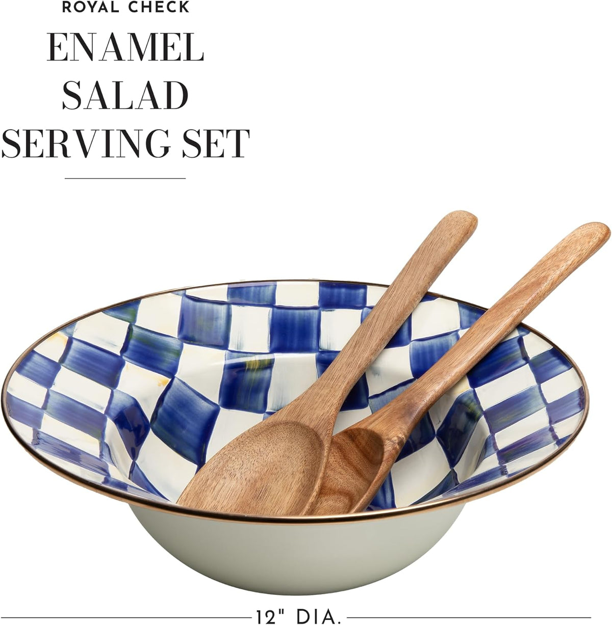 MACKENZIE-CHILDS Enamel Salad Serving Set, Enamel Bowl and Wooden Salad Servers, Decorative Kitchen Set, Blue-and-White Royal Check