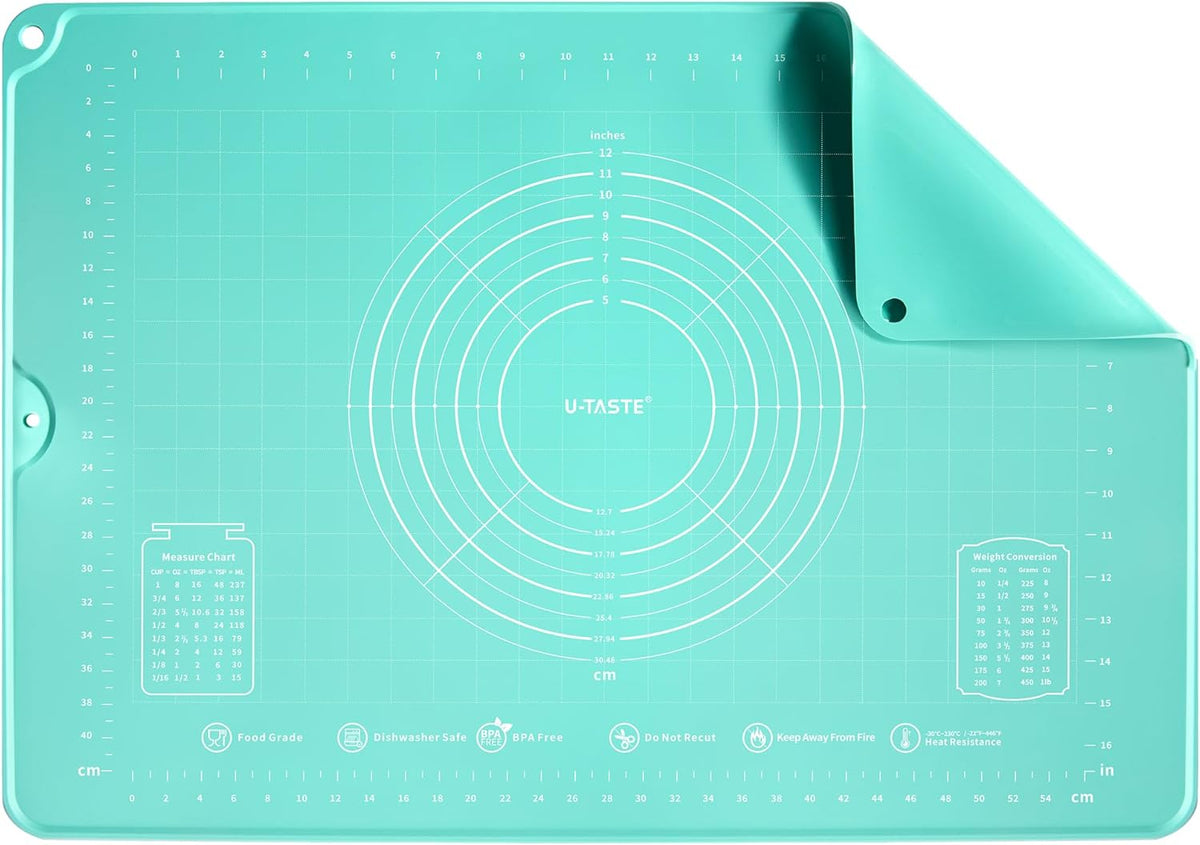 U-Taste 28"x20" Large Pastry Mat: Food-Grade Liquid Silicone Dough Rolling Baking Sheet, Non-Stick Non-Slip for Kneading, Making Pizza, Fondant, Pie with Clear Measurement and Raised Edges (Aqua Sky)