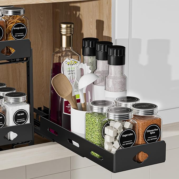 Pull Out Spice Rack Organizer for Cabinet, Heavy Duty-Slide Out Spice Rack, Vertical Spice Rack for Kitchen Cabinet and Pantry (4.2''Wx10.5''Dx2.8''H, Metal Black)