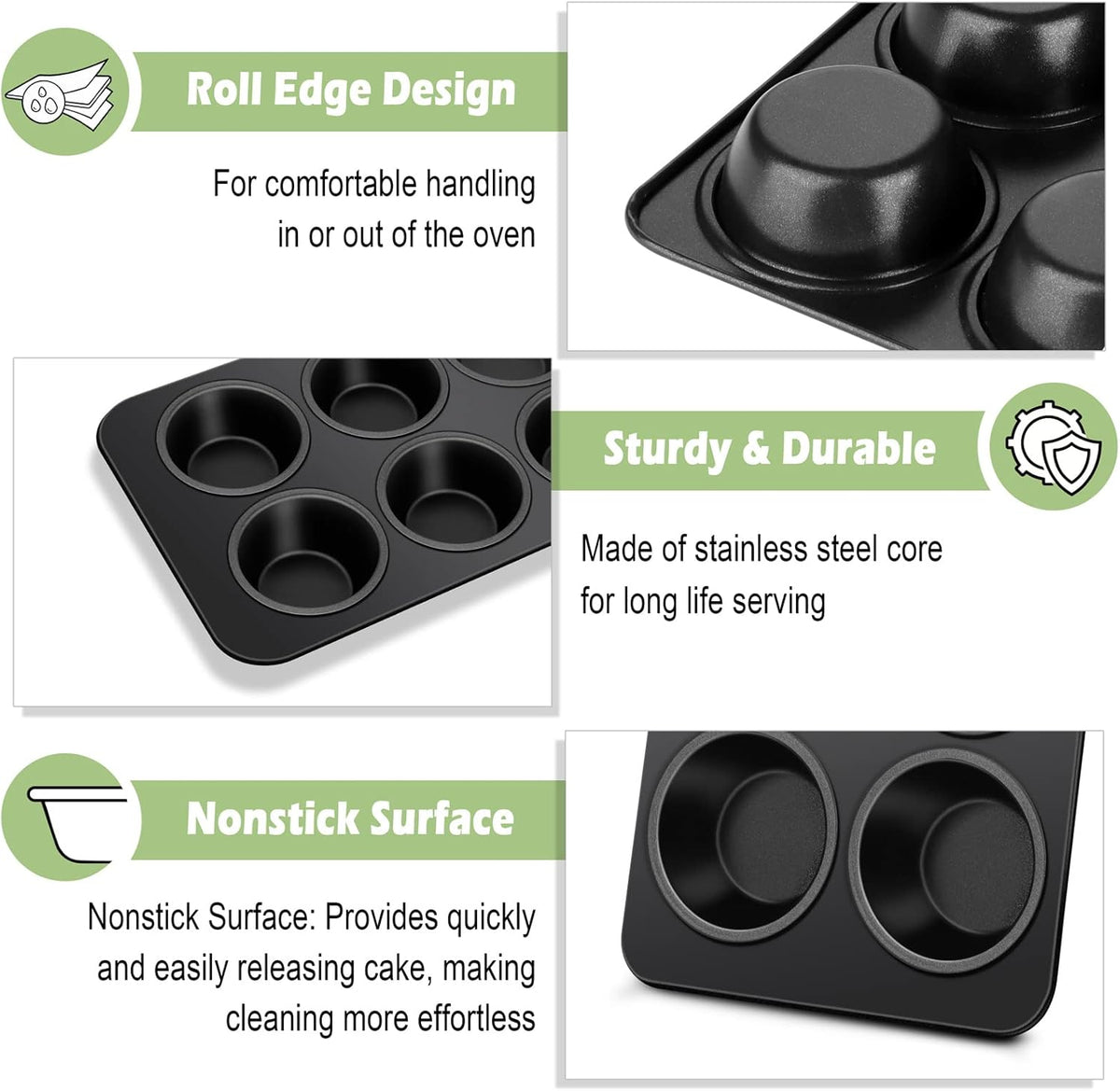 TeamFar Muffin Pan, 6 Cup Muffin Tin Cupcake Pan Tray with Nonstick Coating and Stainless Steel Core, for Home/Kitchen Baking, Healthy & Heatproof, Release Easily & Easy Clean, Set of 3
