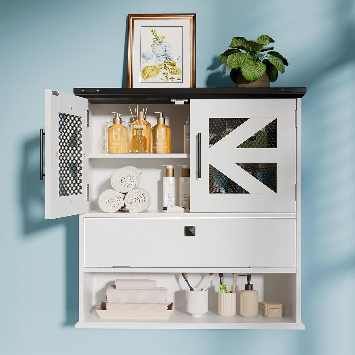Wall Mounted Bathroom Cabinet with Double Doors, Flip-Down Storage and Open Shelf, Modern White Finish, Over-The-Toilet Space Saver Cabinet