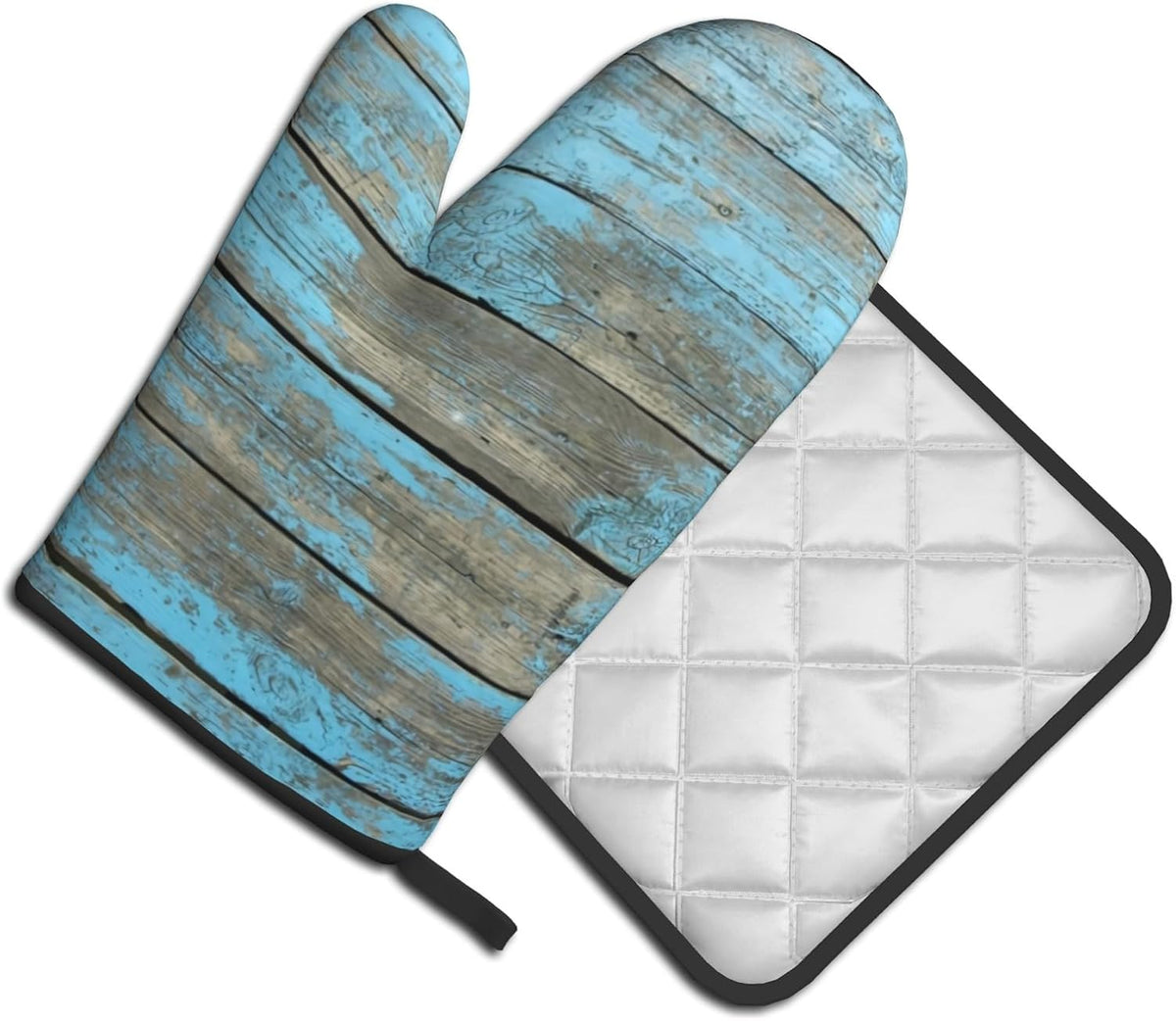 Blue Wood Oven Mitts and Pot Holder Set of 2 Rustic Board Heat Resistant Gloves Hot Potholders Kitchen Decor for Cooking Grilling Baking