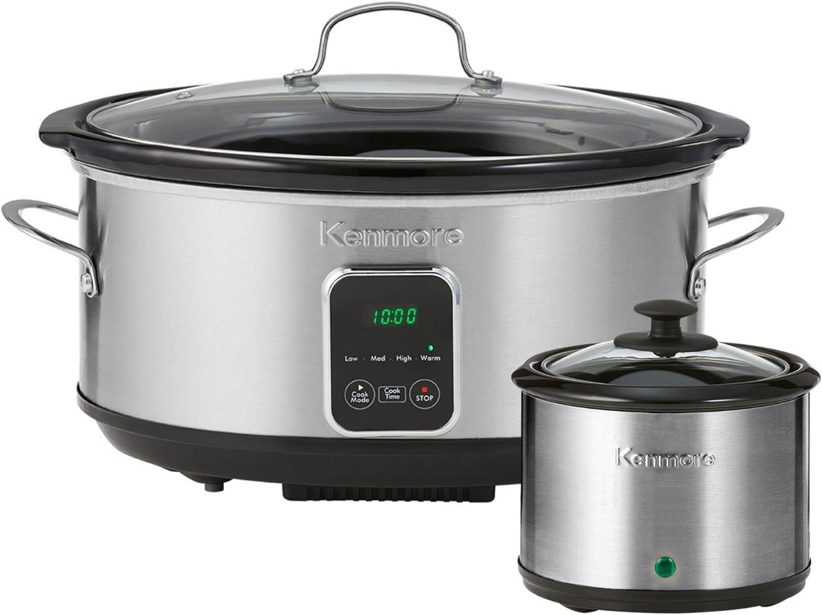 Kenmore 7 Quart Slow Cooker - Programmable crock pot with Dipper, Stainless Steel Electric Cookers, Warm Rice & Sous Vide Stew Soup For Lunch, Dishwaher Safe Non-Stick Ceramic Insert, Digital Control