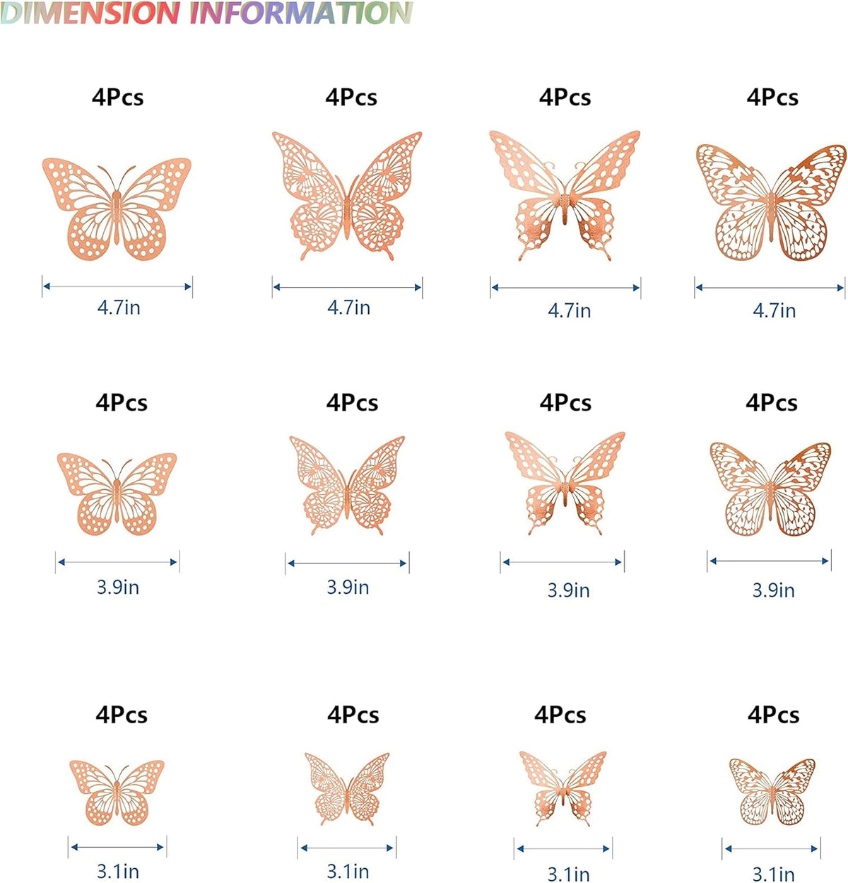 SAOROPEB 3D Butterfly Wall Decor, 48 Pcs 4 Styles 3 Sizes, Removable Metallic Wall Sticker Room Mural Decals for Kids Bedroom Nursery Classroom Party Decoration Wedding Decor DIY Gift (Rose Gold)